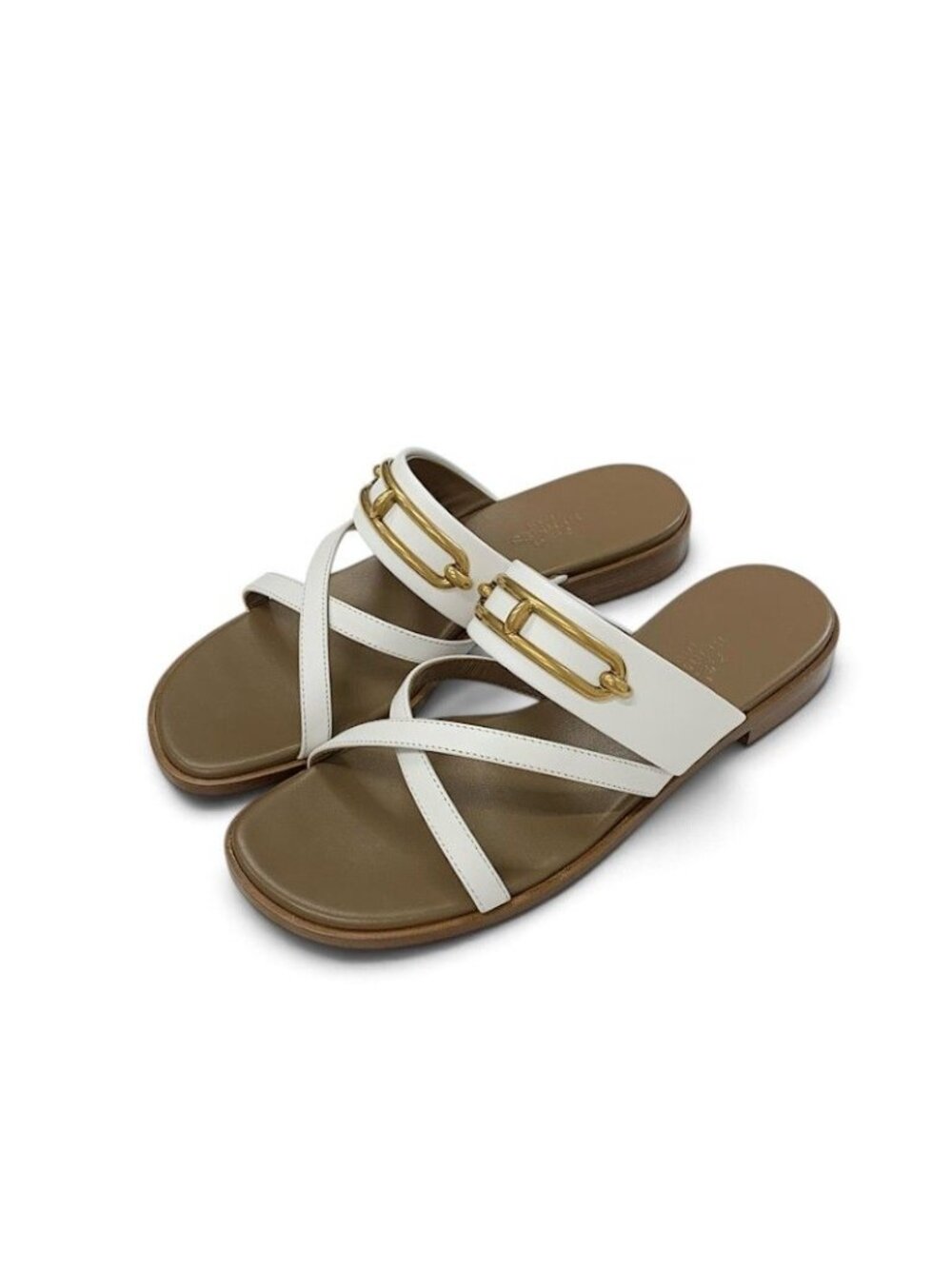 Hermes Clair Sandals Shoes Leather White Brown Gold